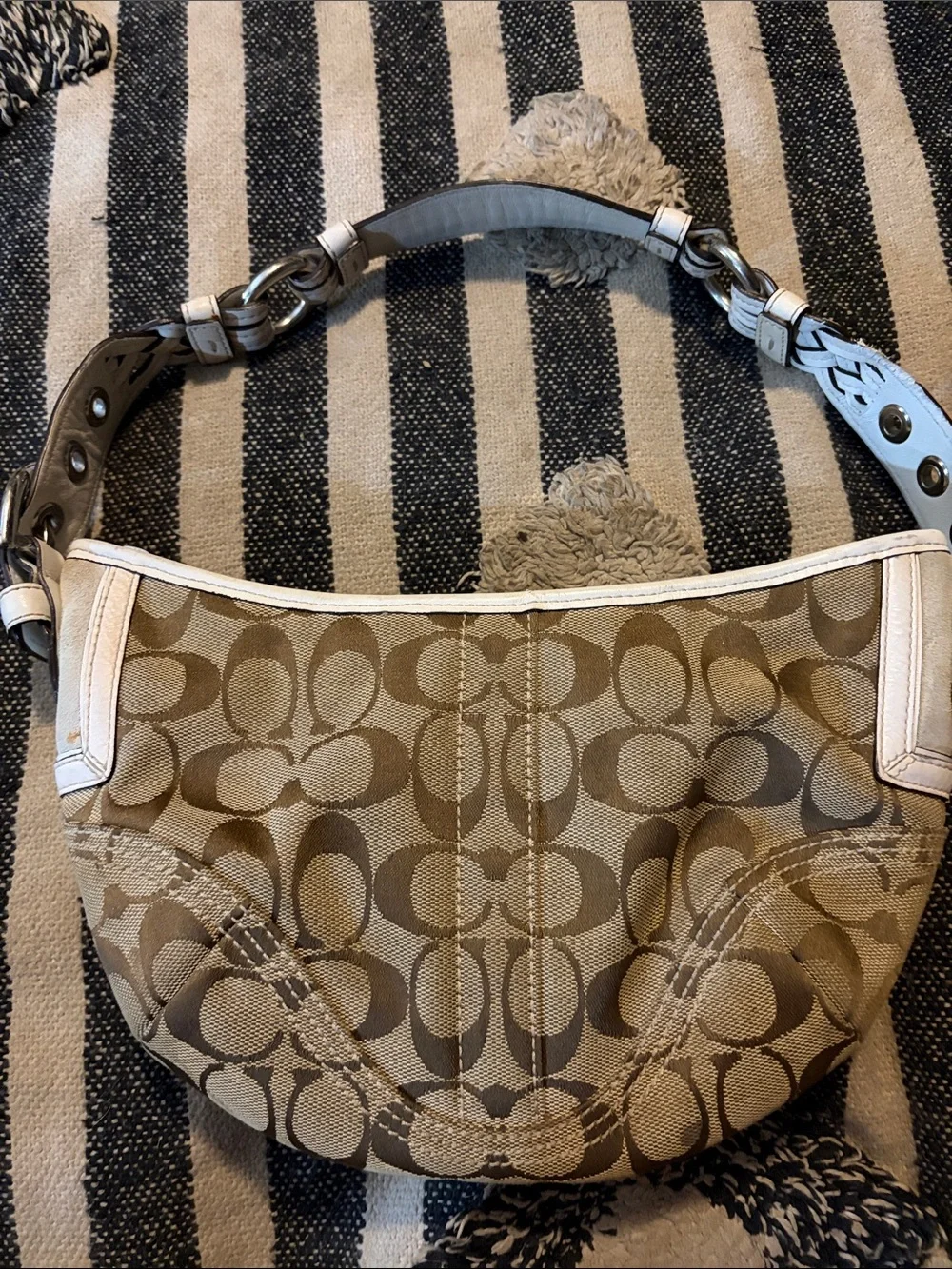 Vintage Coach SoHo Y2K Khaki Signature Canvas Shoulder Bag with White Trim